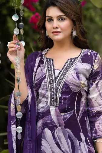 Notch Neck Floral Regular Pure Silk Straight Kurta with Trousers & With Dupatta