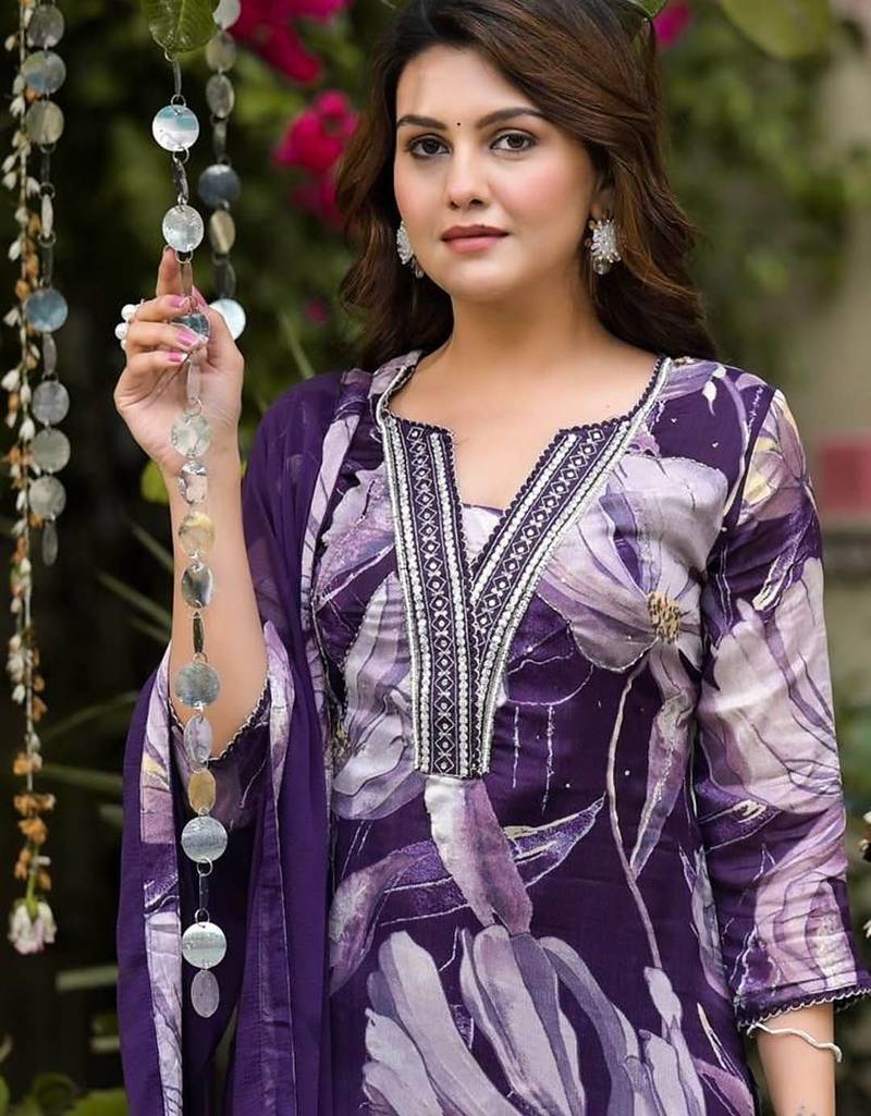 Notch Neck Floral Regular Pure Silk Straight Kurta with Trousers & With Dupatta