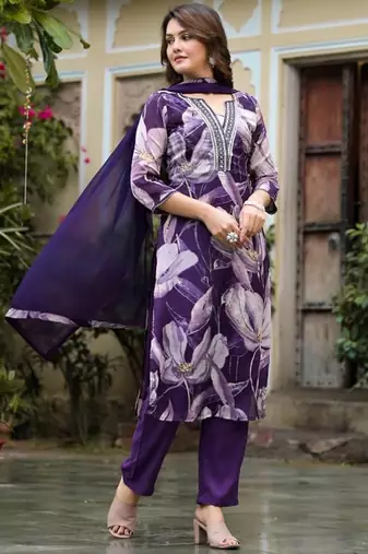 Notch Neck Floral Regular Pure Silk Straight Kurta with Trousers & With Dupatta