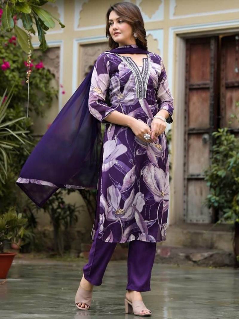 Notch Neck Floral Regular Pure Silk Straight Kurta with Trousers & With Dupatta