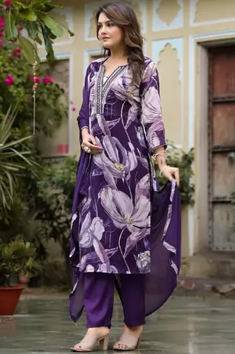 Notch Neck Floral Regular Pure Silk Straight Kurta with Trousers & With Dupatta