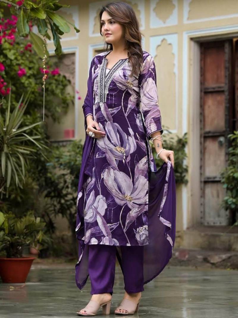 Notch Neck Floral Regular Pure Silk Straight Kurta with Trousers & With Dupatta