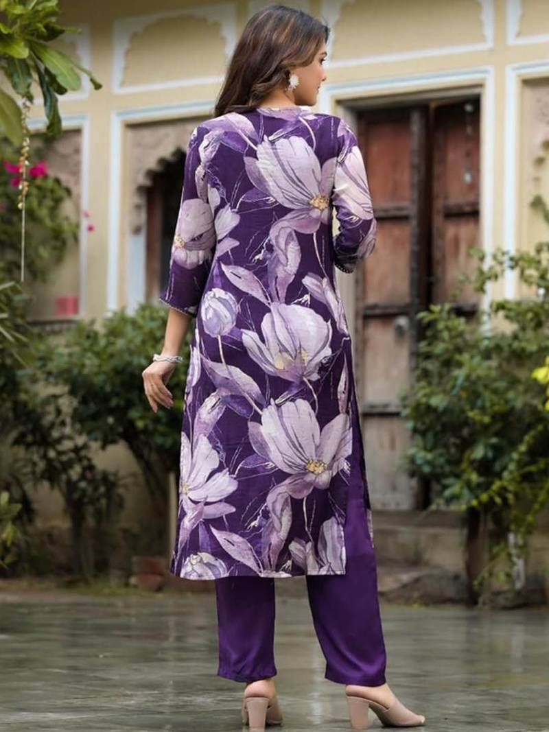 Notch Neck Floral Regular Pure Silk Straight Kurta with Trousers & With Dupatta