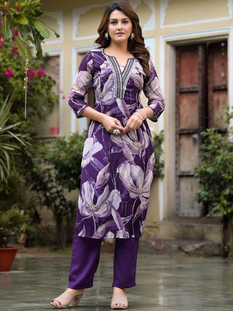 Notch Neck Floral Regular Pure Silk Straight Kurta with Trousers & With Dupatta