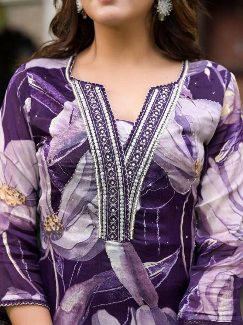 Notch Neck Floral Regular Pure Silk Straight Kurta with Trousers & With Dupatta