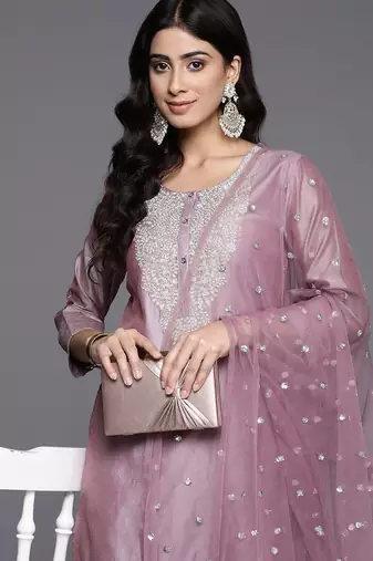 Floral Embroidered Zari Chanderi Silk Kurta with Trousers & Dupatta