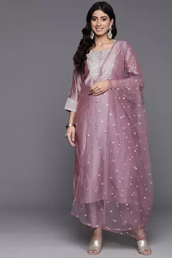 Floral Embroidered Zari Chanderi Silk Kurta with Trousers & Dupatta