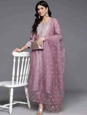 Floral Embroidered Zari Chanderi Silk Kurta with Trousers & Dupatta 1
