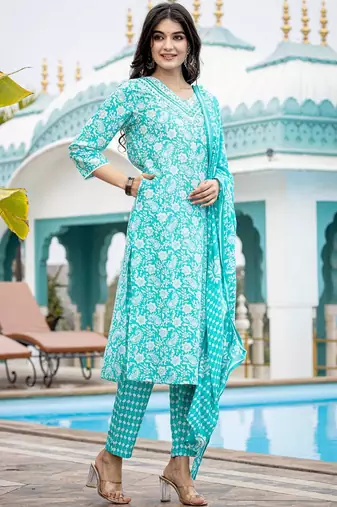 Ethnic Motifs Printed Regular Mirror Work Kurta with Trouser & Dupatta