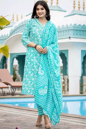 Ethnic Motifs Printed Regular Mirror Work Kurta with Trouser & Dupatta