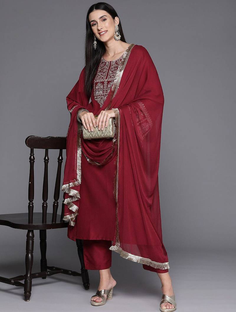 Ethnic Motifs Embroidered Regular Sequinned Kurta with Trousers & With Dupatta
