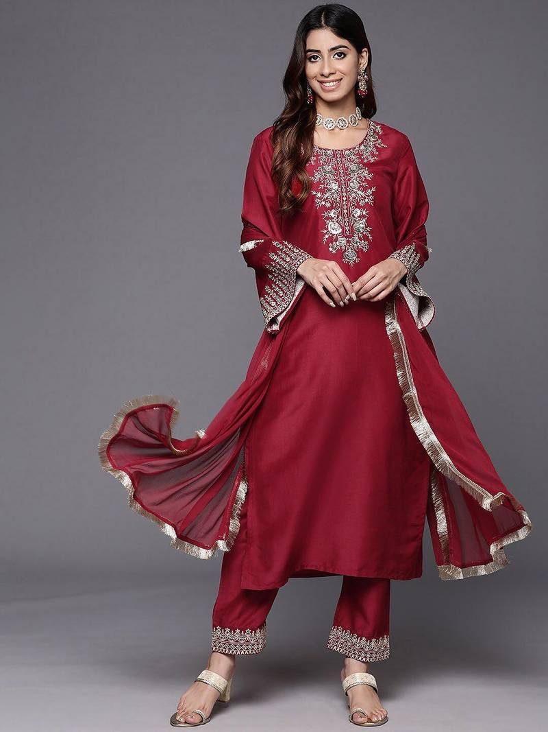 Ethnic Motifs Embroidered Regular Kurta with Trousers & With Dupatta