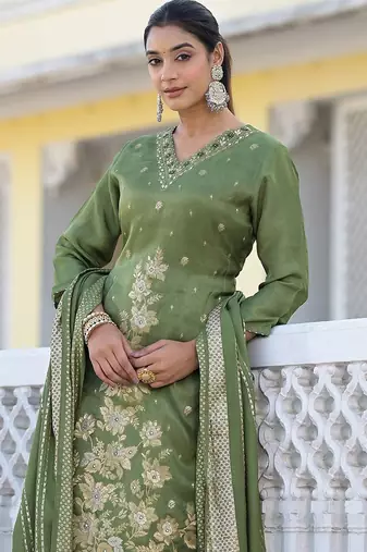 Floral Regular Pure Silk Kurta with Trouser & Dupatta