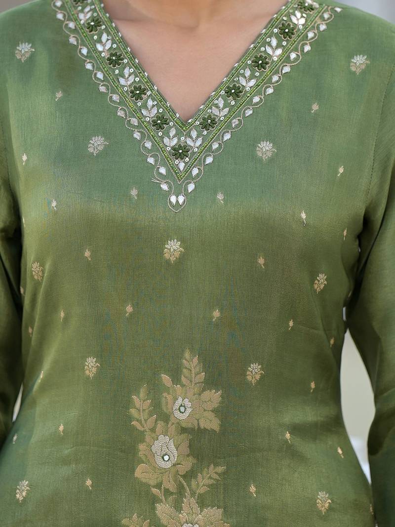 Floral Regular Pure Silk Kurta with Trouser & Dupatta