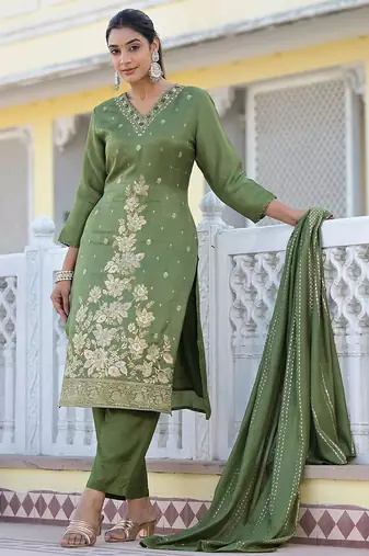 Floral Regular Pure Silk Kurta with Trouser & Dupatta