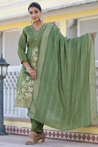 Floral Regular Pure Silk Kurta with Trouser & Dupatta