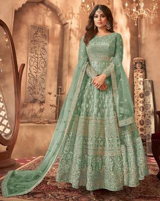Sky blue embroidered net semi-stitched anarkali suit 1