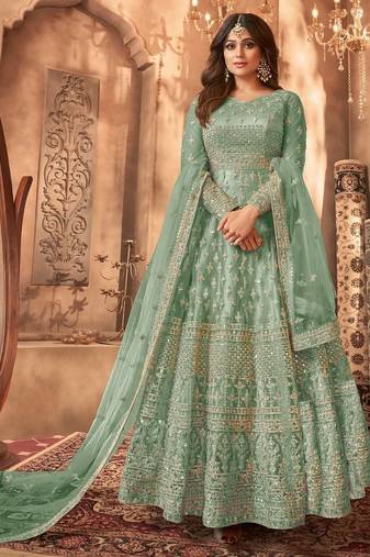 Sky blue embroidered net semi-stitched anarkali suit