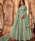 Sky blue embroidered net semi-stitched anarkali suit