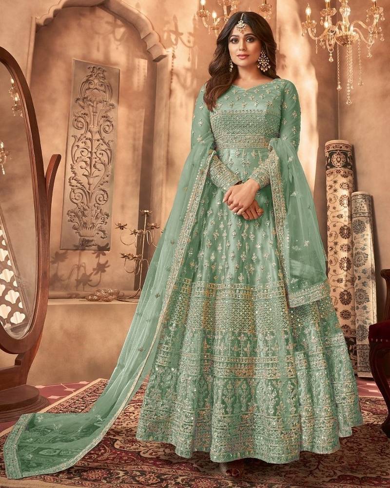 Sky blue embroidered net semi-stitched anarkali suit