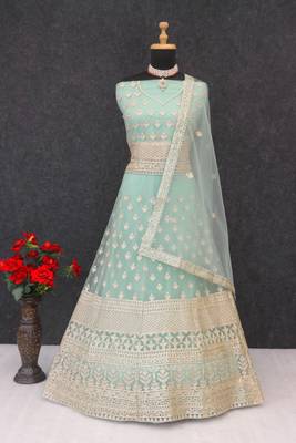 Sky blue embroidered net semi-stitched anarkali suit 2