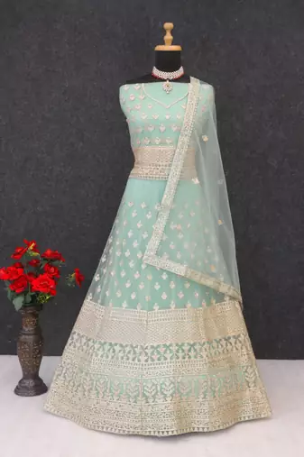 Sky blue embroidered net semi-stitched anarkali suit