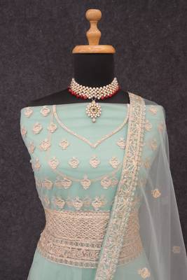 Sky blue embroidered net semi-stitched anarkali suit 3