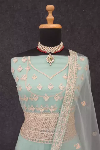 Sky blue embroidered net semi-stitched anarkali suit