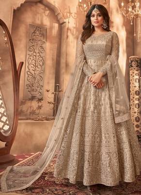 Beige embroidered net semi-stitched anarkali suit 1