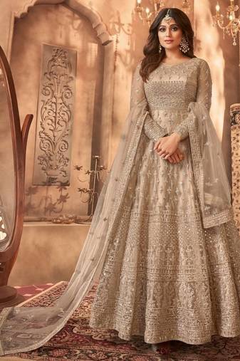 Beige embroidered net semi-stitched anarkali suit
