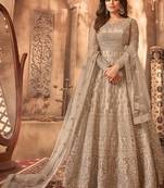 Beige embroidered net semi-stitched anarkali suit