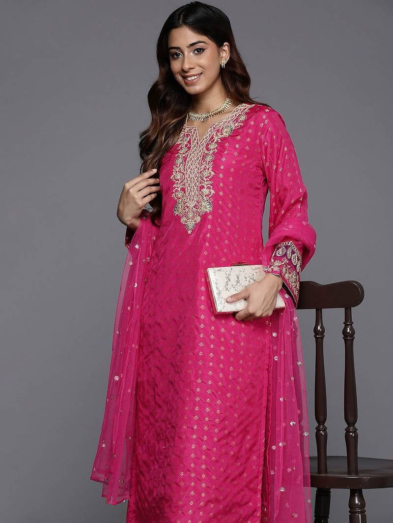 Ethnic Motifs Woven Design Sequinned Kurta with Trousers & Dupatta