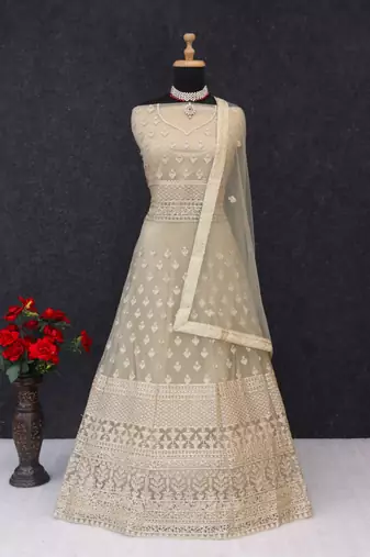 Beige embroidered net semi-stitched anarkali suit
