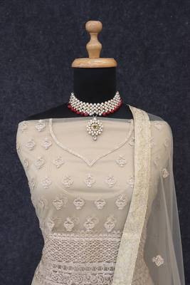 Beige embroidered net semi-stitched anarkali suit 3