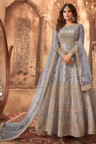 Grey embroidered net semi-stitched anarkali suit
