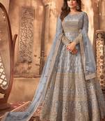 Grey embroidered net semi-stitched anarkali suit