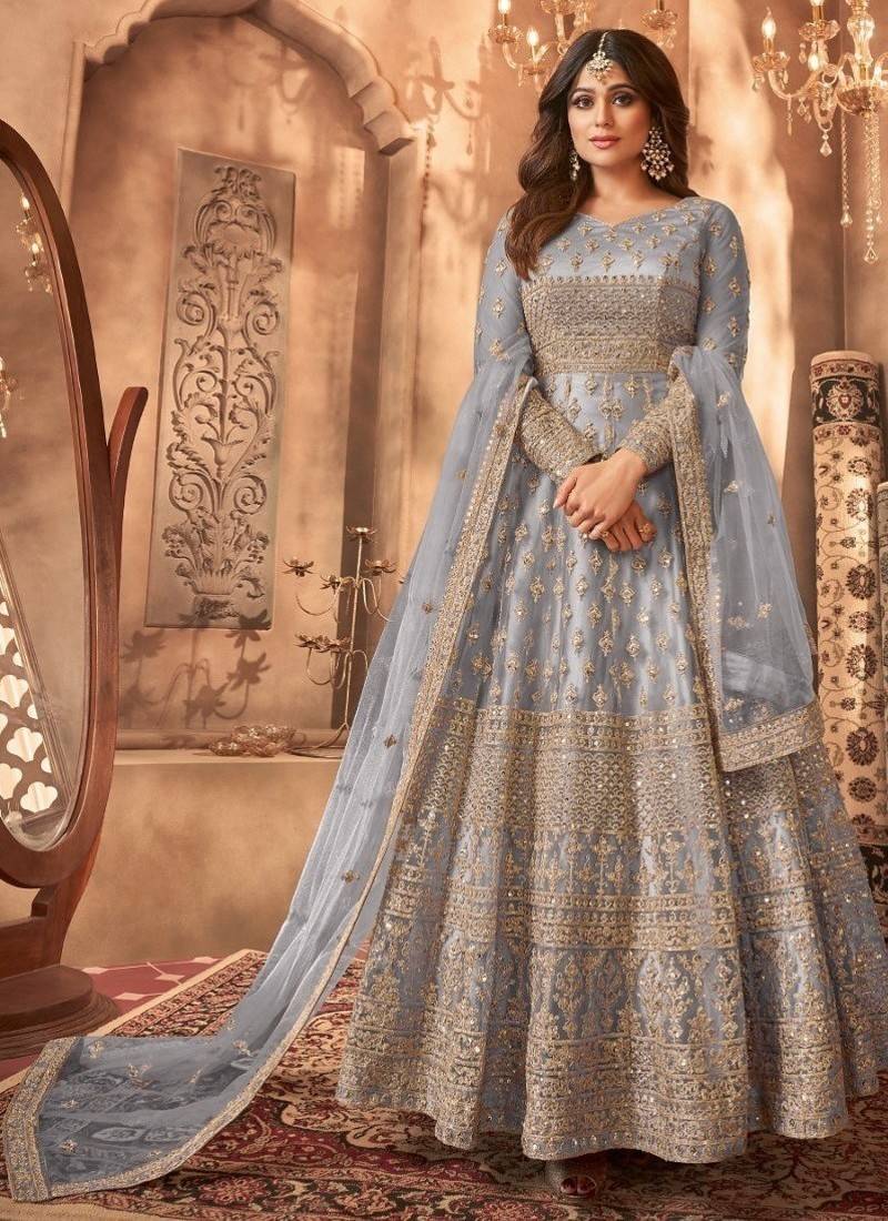 Grey embroidered net semi-stitched anarkali suit