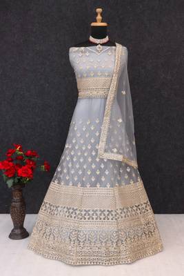 Grey embroidered net semi-stitched anarkali suit 2