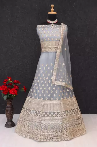 Grey embroidered net semi-stitched anarkali suit