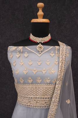 Grey embroidered net semi-stitched anarkali suit 3