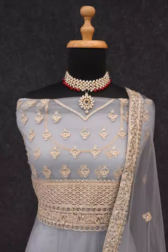 Grey embroidered net semi-stitched anarkali suit