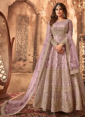 Lavender embroidered net semi-stitched anarkali suit 1