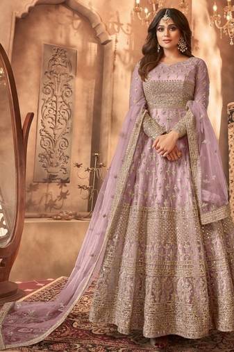 Lavender embroidered net semi-stitched anarkali suit