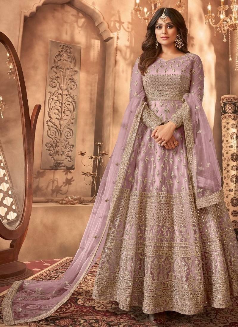 Lavender embroidered net semi-stitched anarkali suit
