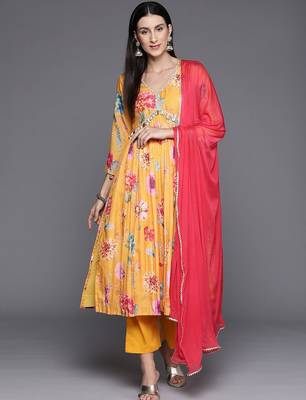 Floral Printed V-Neck Empire Anarkali Kurta with Trouser & Dupatta 1