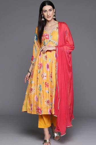 Floral Printed V-Neck Empire Anarkali Kurta with Trouser & Dupatta