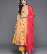 Floral Printed V-Neck Empire Anarkali Kurta with Trouser & Dupatta