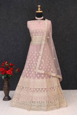 Lavender embroidered net semi-stitched anarkali suit 2