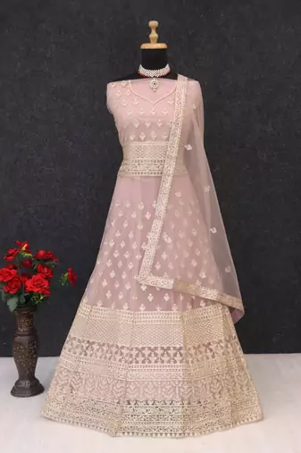 Lavender embroidered net semi-stitched anarkali suit