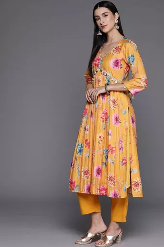 Floral Printed V-Neck Empire Anarkali Kurta with Trouser & Dupatta